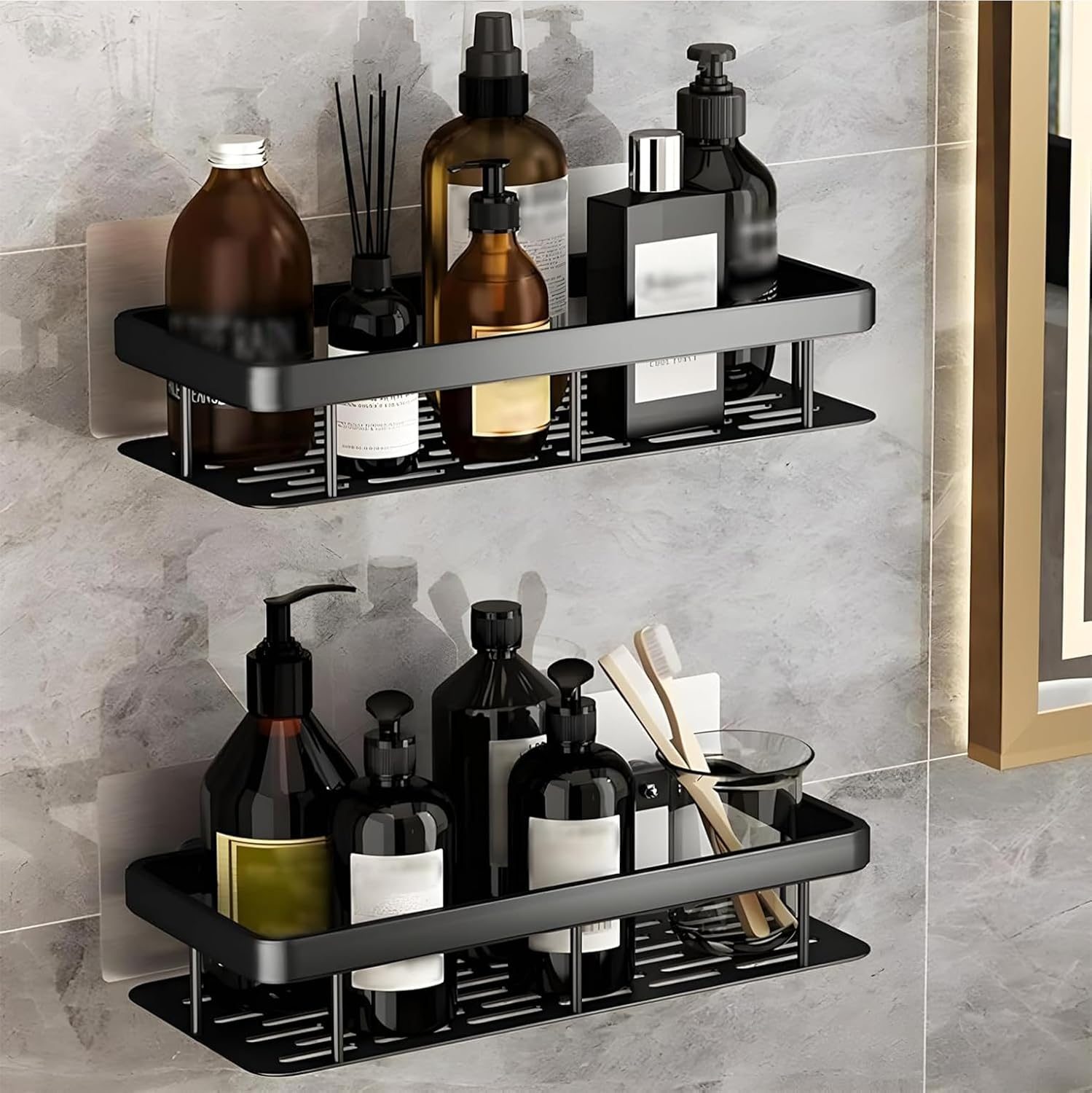 Oslen Self-Adhesive Multipurpose Wall Mounted Bathroom Shelf and Rack for Bathroom and Kitchen Plastic Bathroom Shelf for Wall, Bathroom Organiser Without Drill, 1 Pcs Black Bathroom Shelf