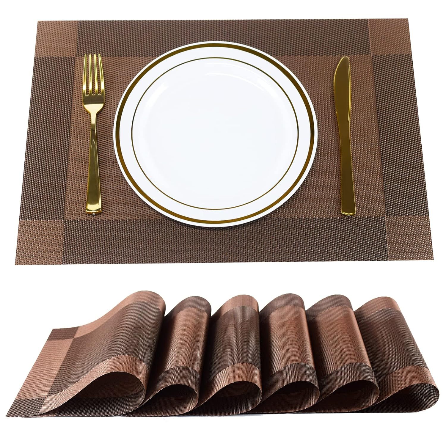 P-Plus International Placemats Place Mats for Kitchen Dining Table, Heat-Resistant StainAnti-Skid Washable PVC Table Mats,Vinyl Dinner Mats (Brown, 6 Pack)