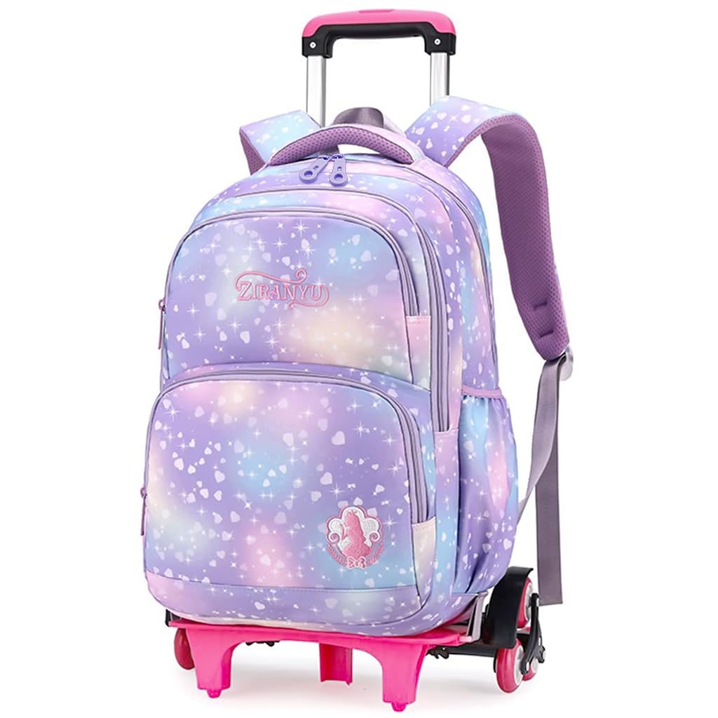 PALAY® School Bag for Girls Kids 7-12 Years Old Cute Heart Print School Trolley Bag with Detachable Wheel Stand
