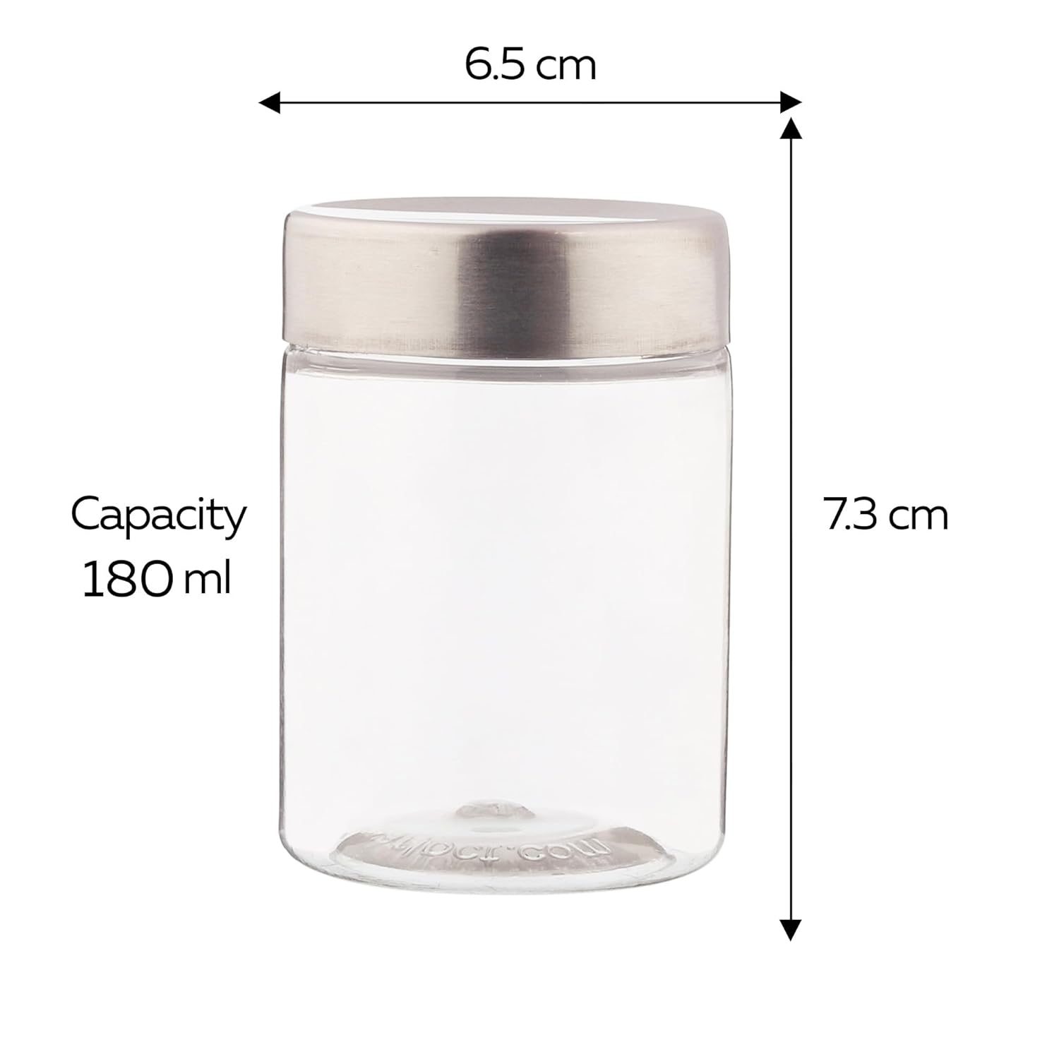 PEARLPET Plus Range Plastic Storage Containers for Kitchen Airtight | Steel Cap Jar Set of 6 Food Grade Boxes for Storing | BPA – Free, Stackable | 180 ml, Transparent