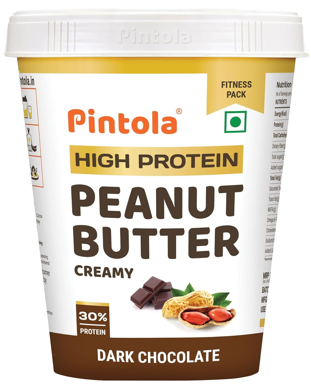 PINTOLA High Protein Peanut Butter Chocolate Flavour Creamy 510g, Added WHEY Protein, 30g Protein 6.2g Fiber, Gluten Free, Zero Trans Fat, Dark Chocolate Peanut Butter Spread, Nut Butter Bread Snacks