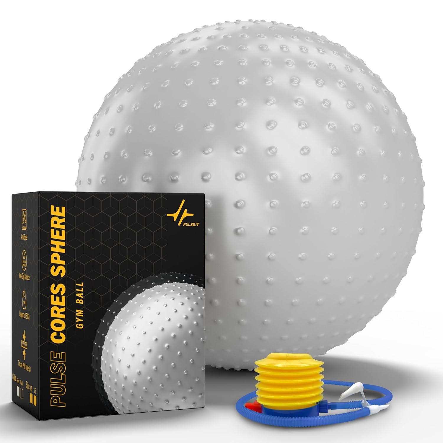 PULSEIT FlexSphere Anti-Burst Spiky Gym Ball with Foot Pump Exercise Stability Ball for Yoga, Pilates, Balance Training, Core Strength, Home & Office Fitness for Men & Women (65cm-Silver)