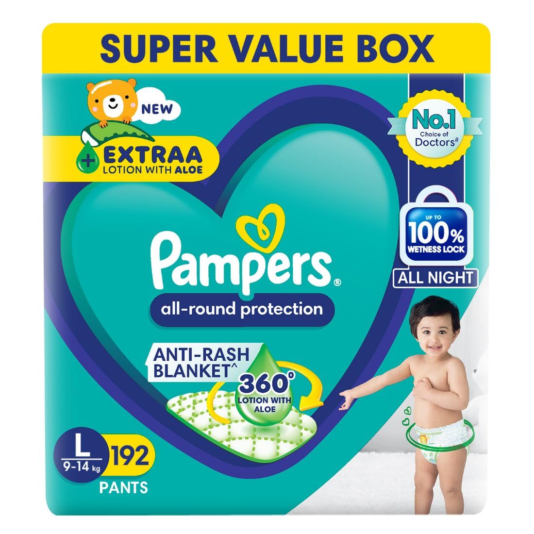 Pampers All Round Protection Pant Style Baby Diapers, Large (L), 192 Count, 9-14kg, Anti Rash Blanket, Lotion with Aloe Vera Diapers