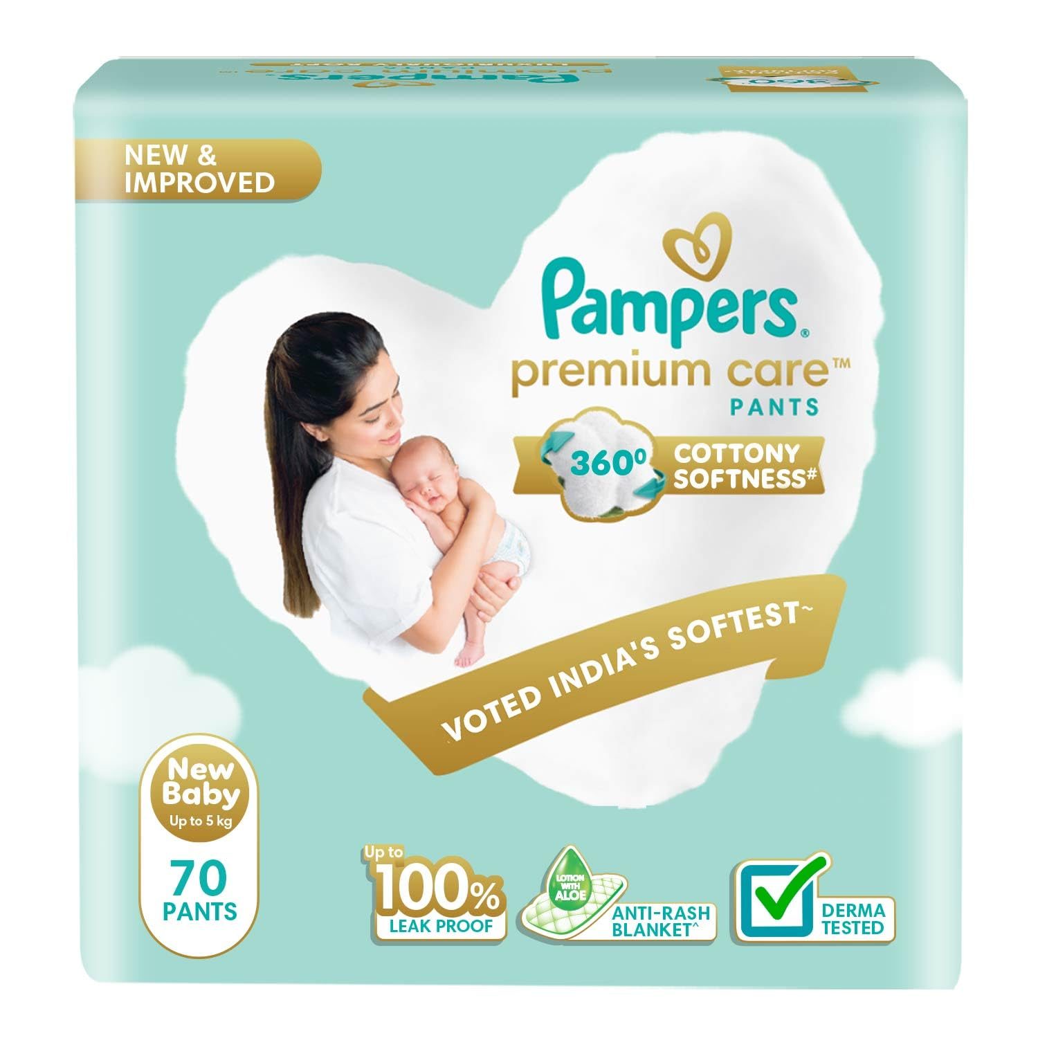 Pampers Premium Care Pant Style Baby Diapers, New Born/X-Small (NB/XS), 70 Count, 4-6kg, All-in-1 with 360 Cottony Softness Diapers