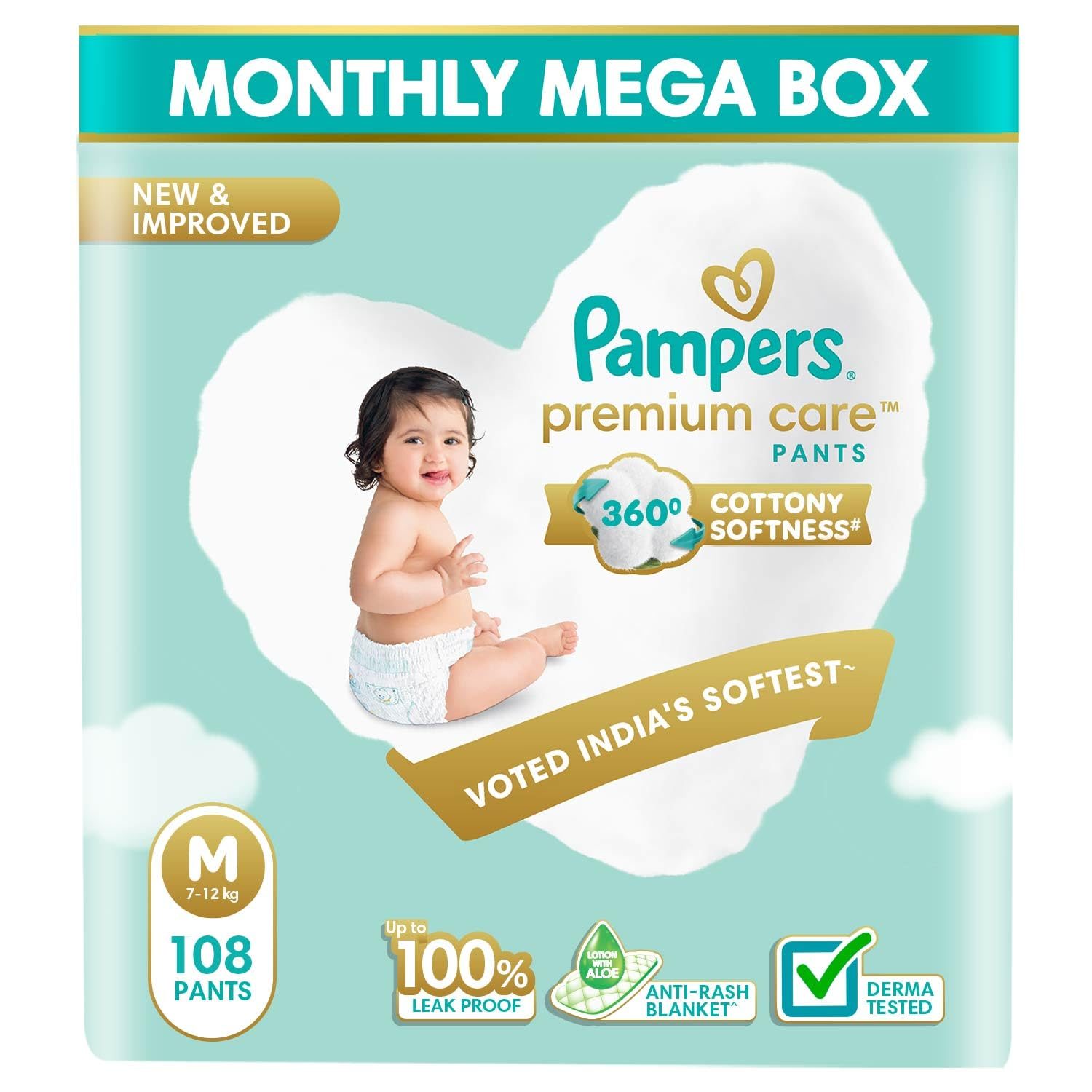 Pampers Premium Care Pants, Medium size baby Diapers, (7-12kg) 108 Count Softest ever Pampers Pants, Medium Size, Pack of 108