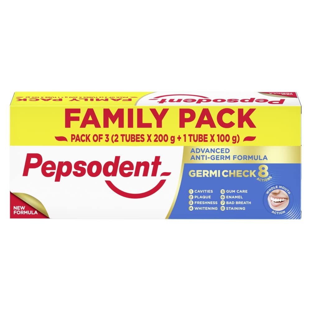 Pepsodent Germicheck 8 Actions, Whole Mouth Toothpaste With Anti-Germ Formula, Clove And Neem Oil, 500 g Family Pack