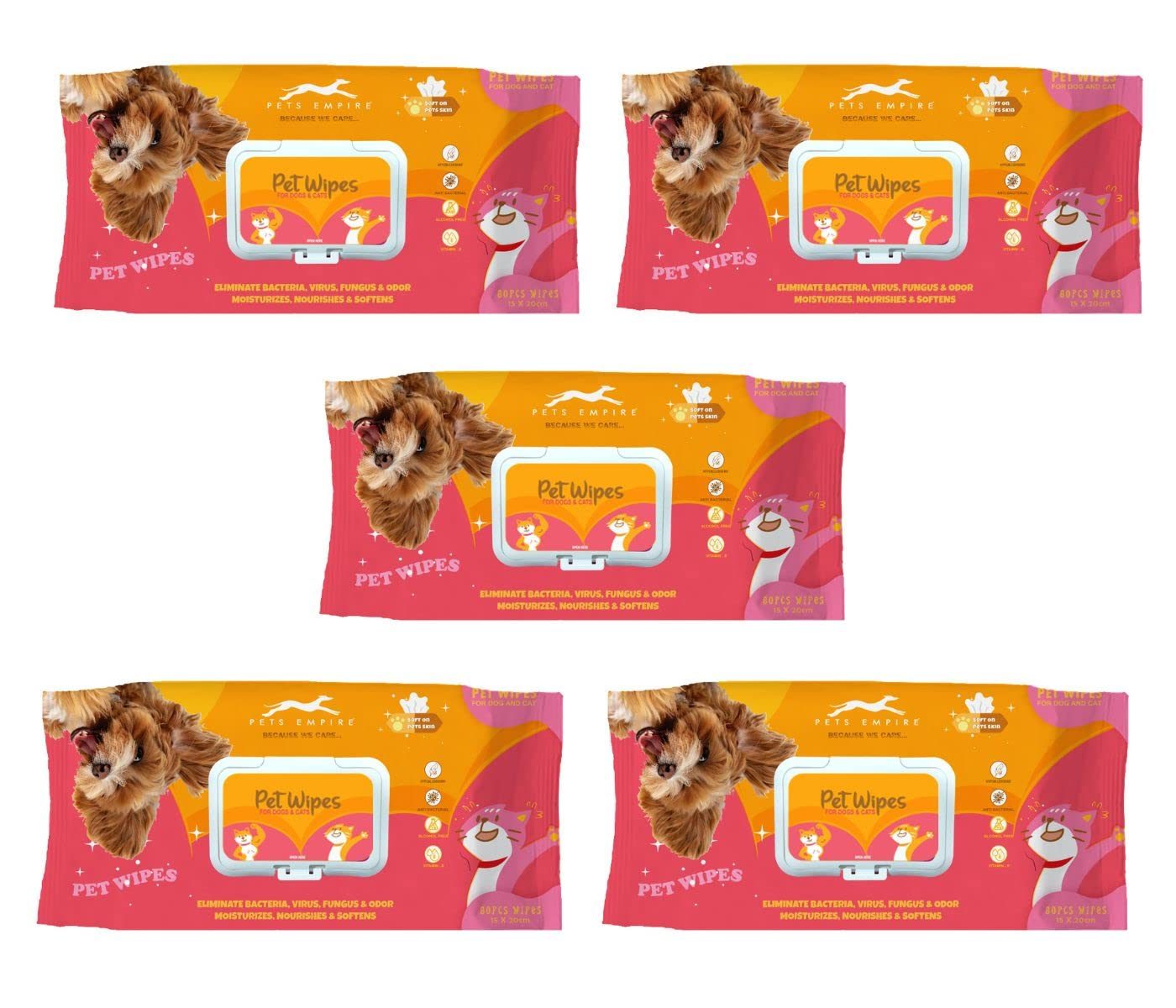 Pets Empire Wet Wipes for Dogs, Cats, Rabbit, Puppies & Small Animals (80Pcs x 5) Anti-Bacterial Cleaning and Daily Care Soft on Pets Skin, Dry Bath, Ear & Paw Daily Cleaning Grooming Wipes (15×20 cm)