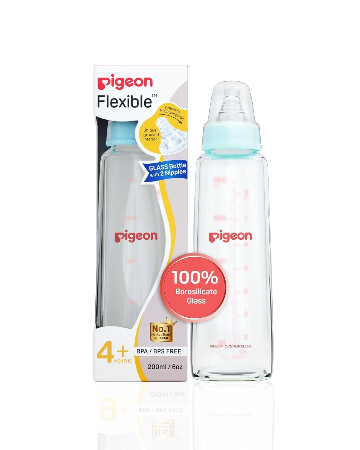 Pigeon Flexible Glass Nursing/Feeding Bottle With Added Nipple M,For 4+ Month Babies,Borosilicate Nursing/Feeding Bottle for Babies,BPA Free,BPS Free,Pale Blue,200 ml