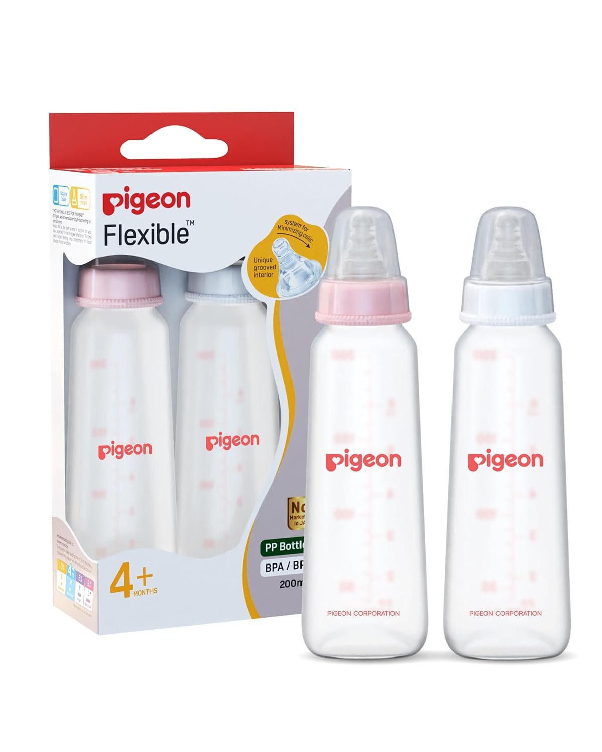 Pigeon Peristaltic Baby Nursing/Feeding Bottle KPP Nipple M,For 4+ Month Babies,BPA Free,BPS Free,Pink and White,200 ml,Pack of 2