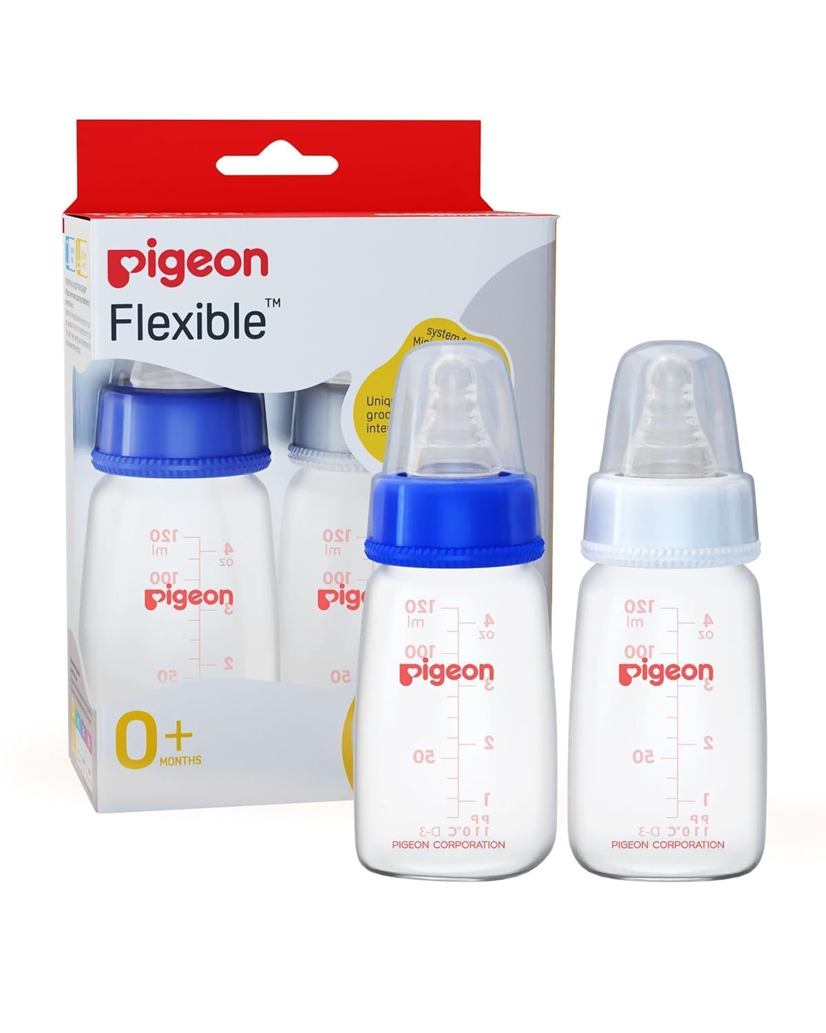 Pigeon Peristaltic Baby Nursing/Feeding Bottle KPP Nipple S,For 0+ Month Babies,BPA Free,BPS Free,Square BASE ,PINK AND WHITE 120 ML PACK OF 2