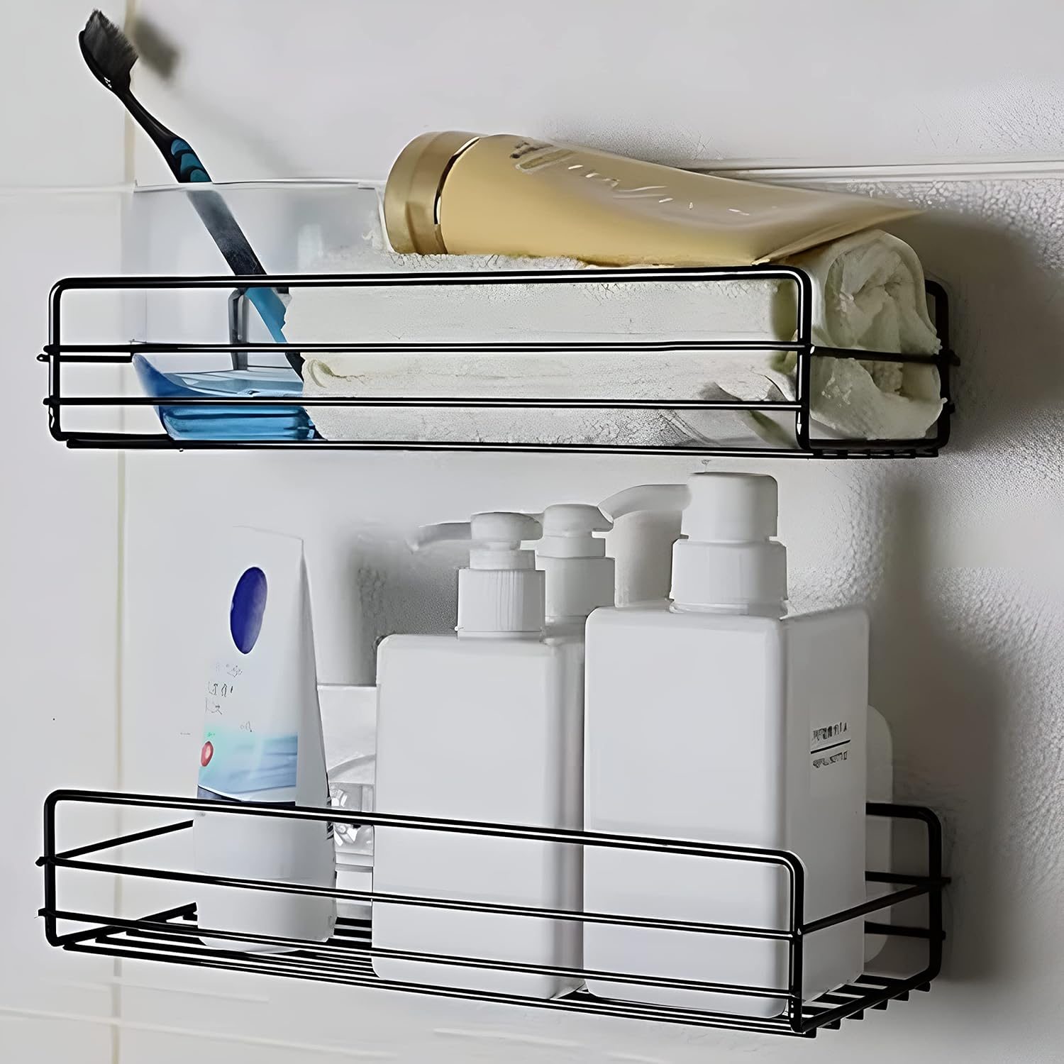 Plantex No Drill Bathroom Organiser Multipurpose Rack/Self-Adhesive GI-Steel Shelf for Bathroom – Pack of 2 (12×5 Inches, Black)
