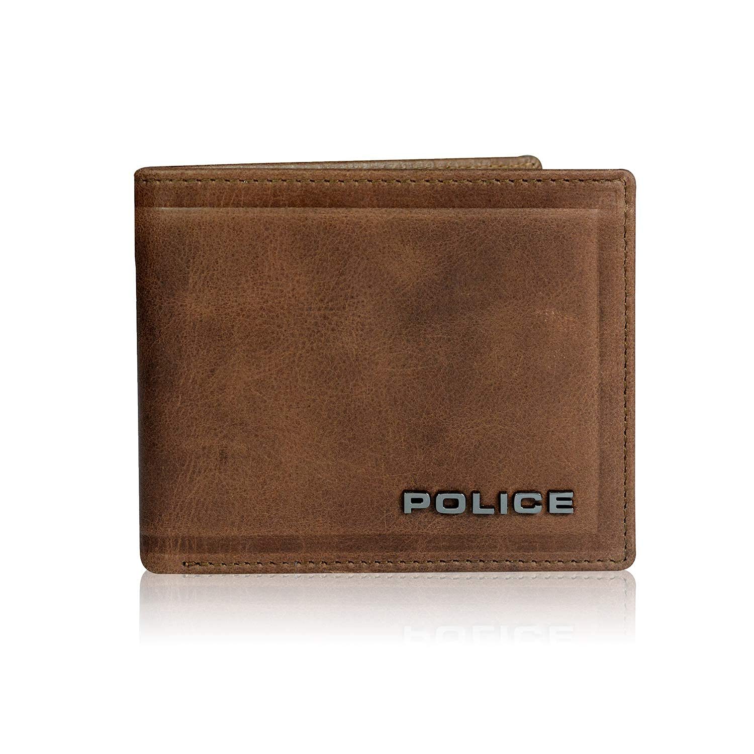 Police Metal Bi-Fold RFID Slim Coin Wallets for Men Leather Original Gents Purse Gift for Men – Brown