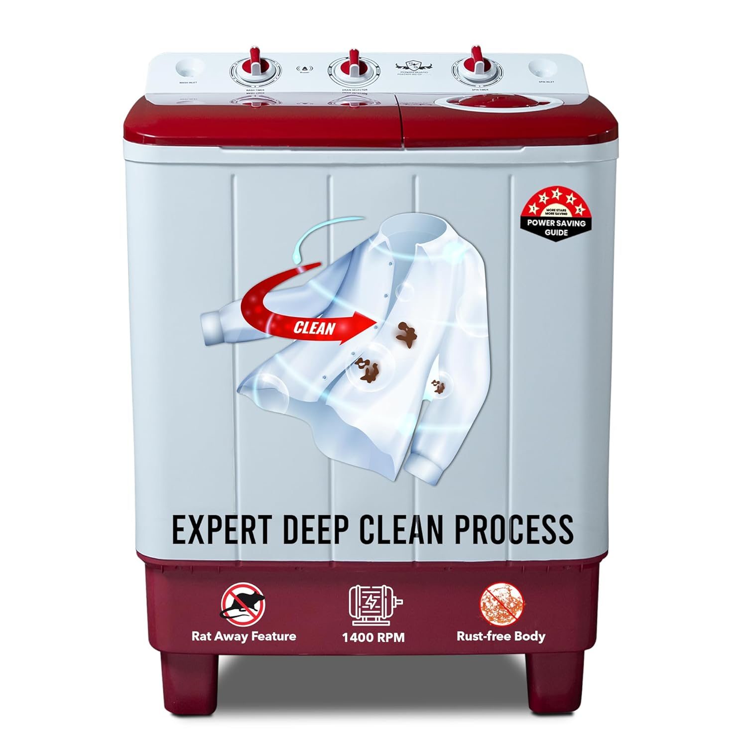 Power Guard 7.5 kg 5 Star Semi-Automatic Top Loading Washing Machine Appliance (PG75WM-BG-OP, Burgundy, Powerful Motor, Effective Wash Pulsator,1400 RPM & Castors)