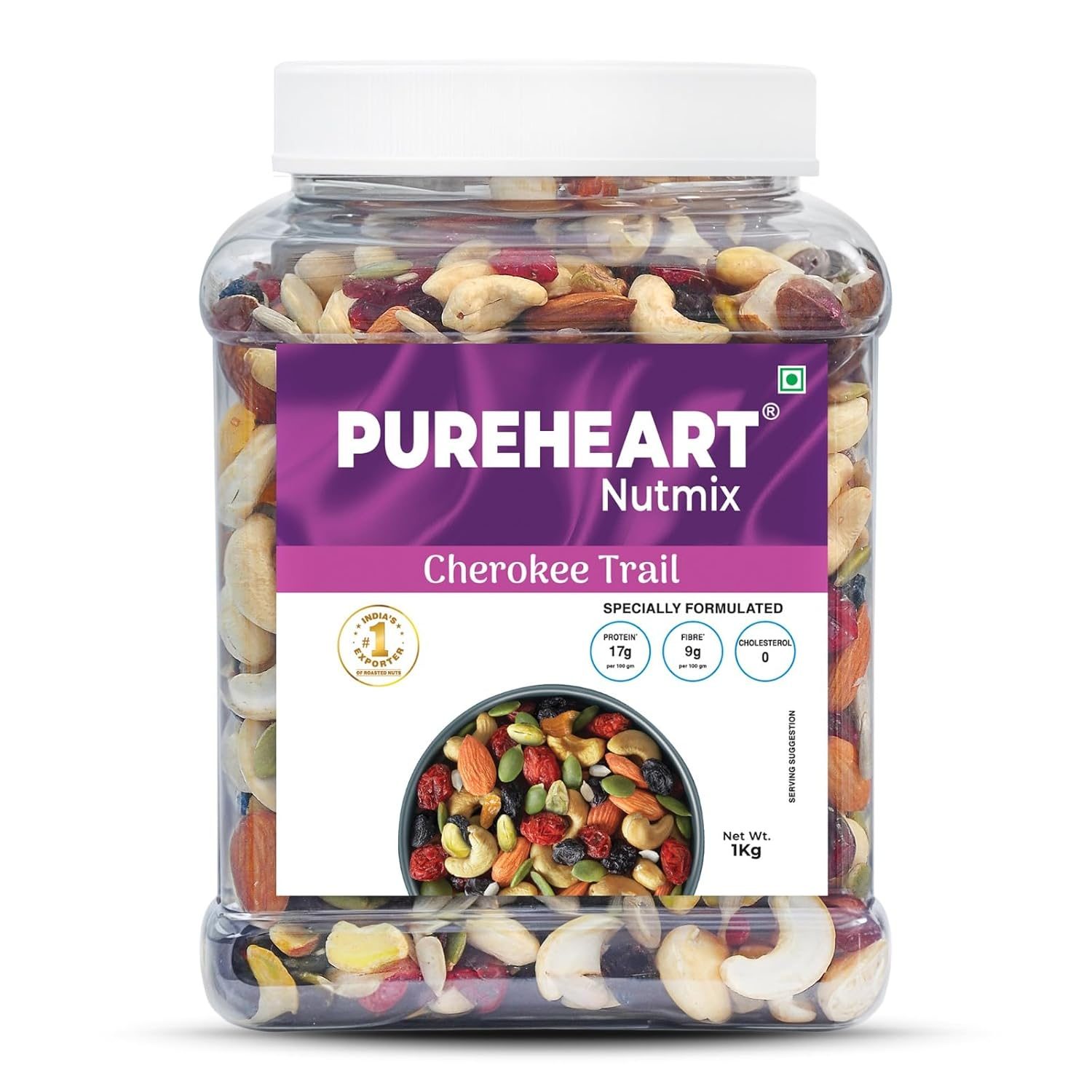 Pureheart Cherokee Premium Trail Mix | An Eclectic Mix of 8 Healthy Superfoods Nuts- Cashews, Almonds, Pistachio | Dry Fruits – Cranberries, Raisins | Seeds – Pumpkin, Sunflower | Reusable Jar (1000g)