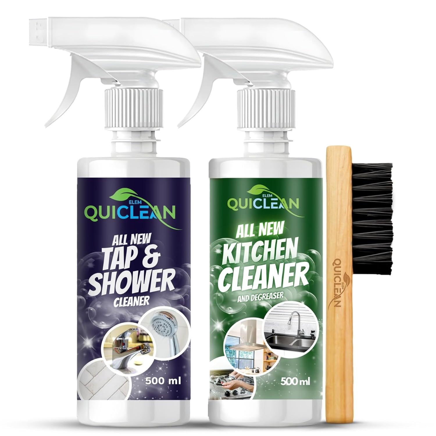 Quiclean Kitchen Cleaner Spray & Tap & Shower Cleaner Spray (500ML X 2) Combo | Diwali Cleaning Liquid | Tap Cleaner For Bathroom | Tiles Cleaner Liquid | Grease & Chimney Cleaner Spray