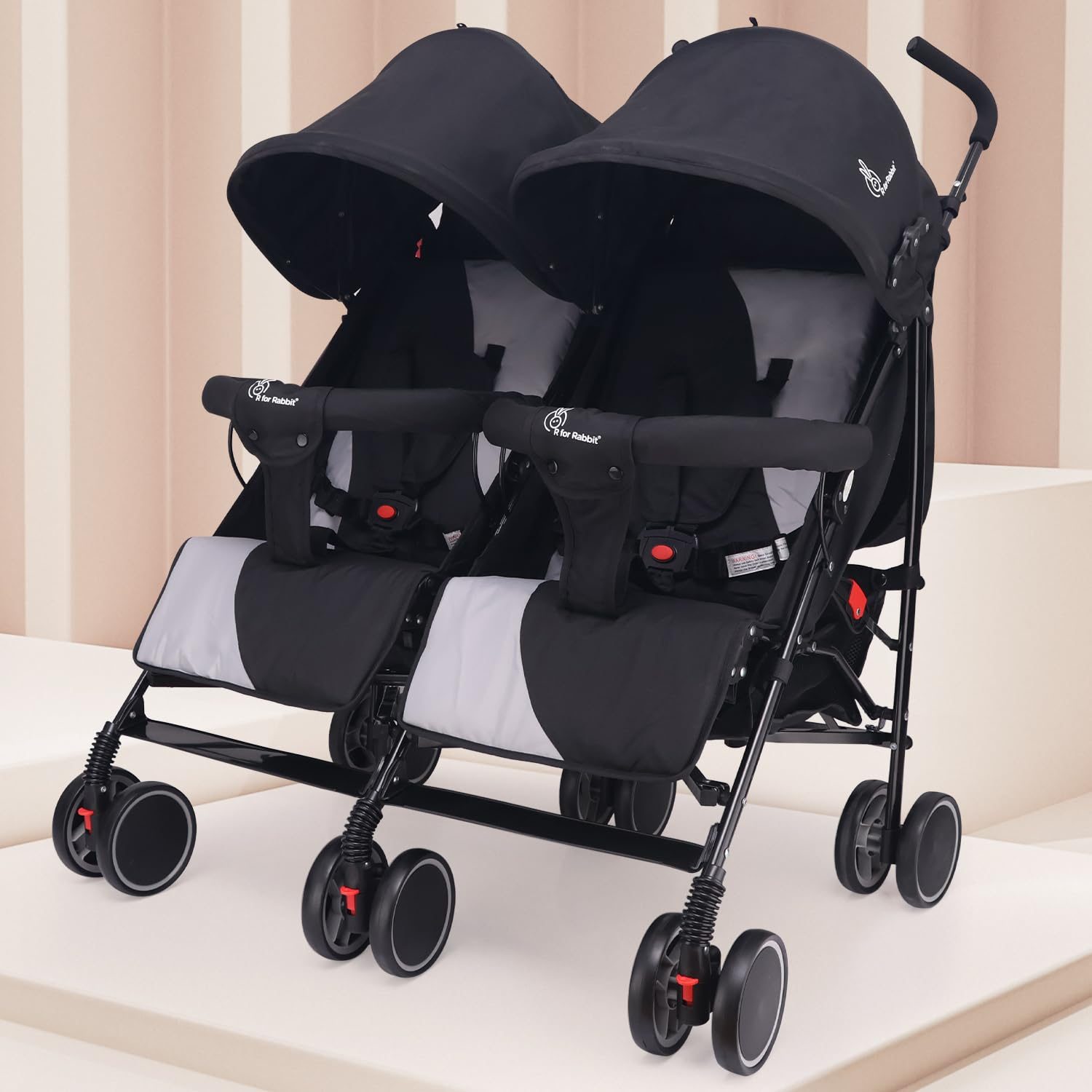R for Rabbit Ginny And Johnny | Twin Baby Stroller & Pram Easy Foldable With Adjustable Seating Positions With Huge Storage Basket | Age 0-3 Yrs & Weight Upto 20 Kg (Black Grey)