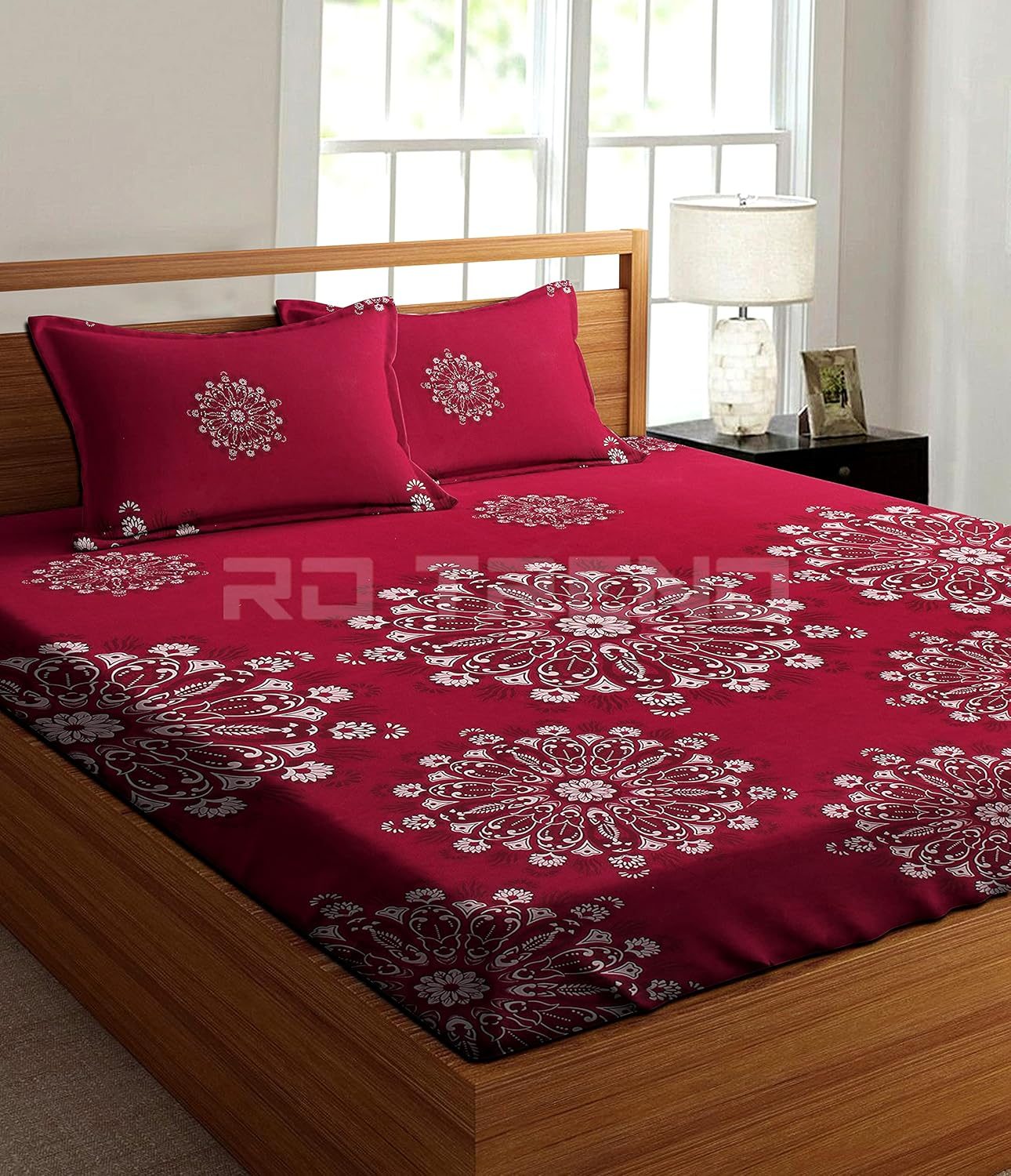 RD TREND Presents Luxurious Glace Cotton Super Soft 210 TC 360° Elastic Fitted Bedsheet King Size (78X72X8 Inch) with 2 Pillow Covers, Color-Wine Pattern-Floral