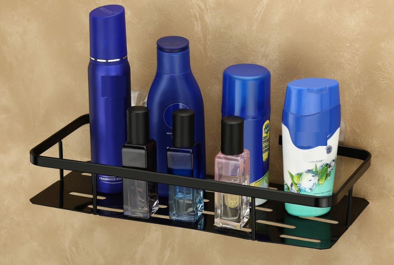 RIOMAX Wall Mounted Self-Adhesive Bathroom Shelf/Kitchen Rack & Holder/Soap Holder/Storage Organizer Rack – Bathroom Accessories (Material- Metal Powder Coated Finish, Black, Pack of 1)