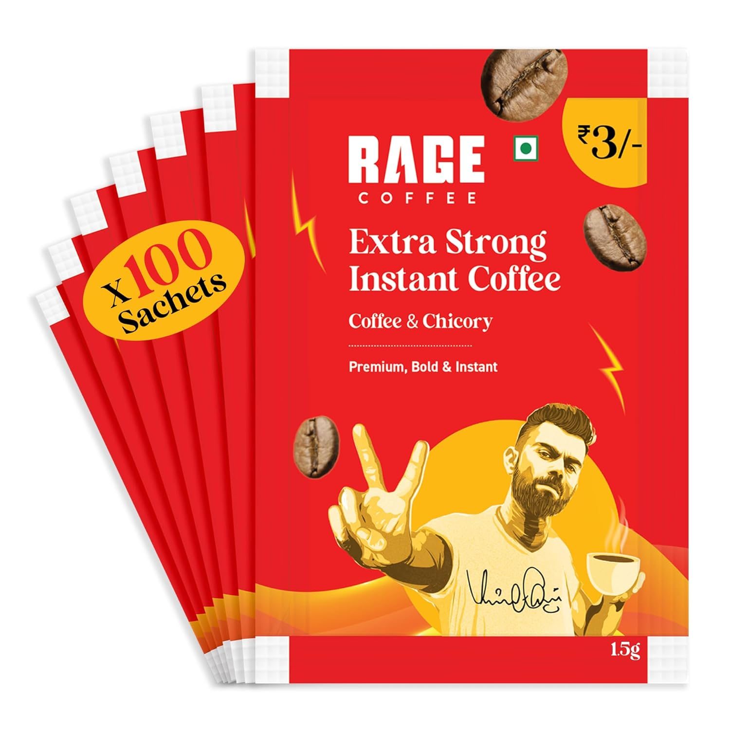 Rage Coffee Extra Strong Premium Blend Coffee Powder – (Pack of 100) | Premium, Bold & Instant | Instant Coffee & Chicory- 100% Arabica Beans for Hot & Cold coffee