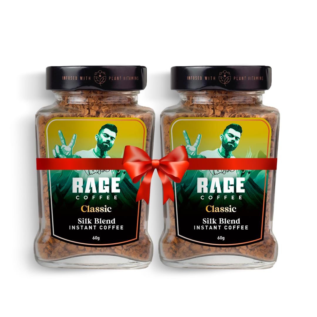 Rage Coffee Premium Silk Blend Classic Coffee Powder – 60g X 2 of 100% Pure Arabica Beans | Fuel Your Day with Plant-Based Vitamin Instant Coffee Powder for Enhanced Fitness, Energy, and Focus | Hot and Cold Coffee – 120g