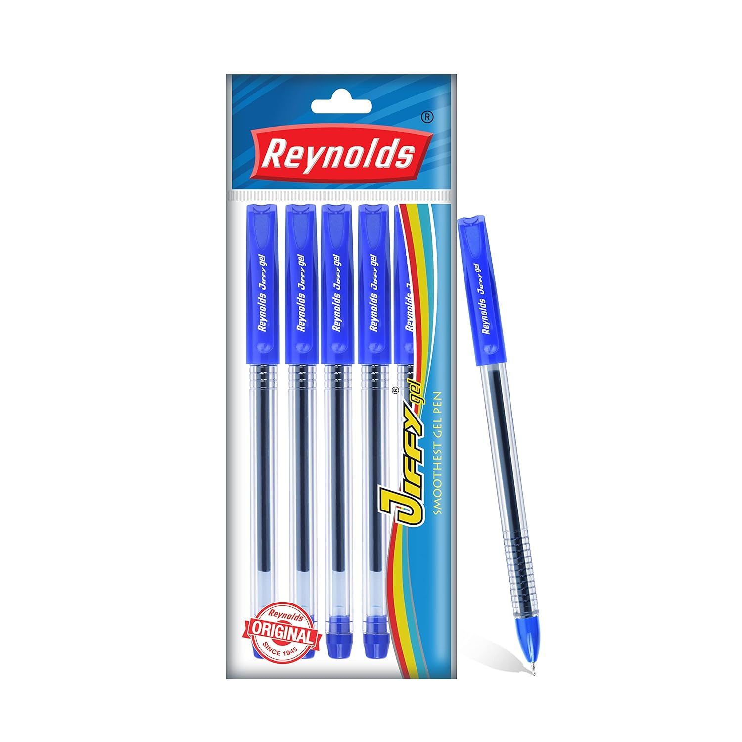 Reynolds JIFFY 5 CT BLUE I Lightweight Gel Pen With Comfortable Grip for Extra Smooth Writing I School and Office Stationery | 0.5mm Tip Size