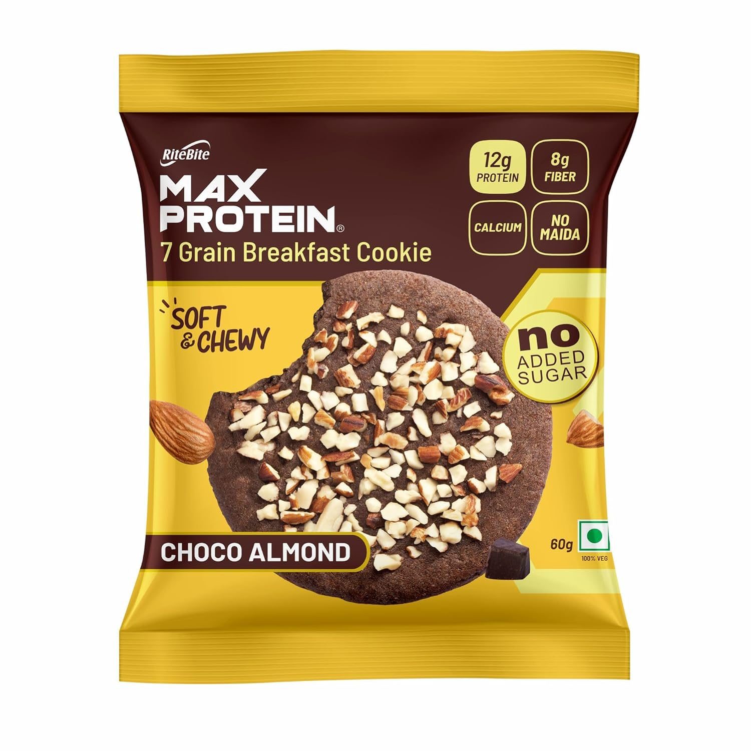 RiteBite Max Protein Choco Almond Cookie | Pack of 1 x 60g | 10g Protein Multigrain Cookie, Healthy Breakfast Protein Snack