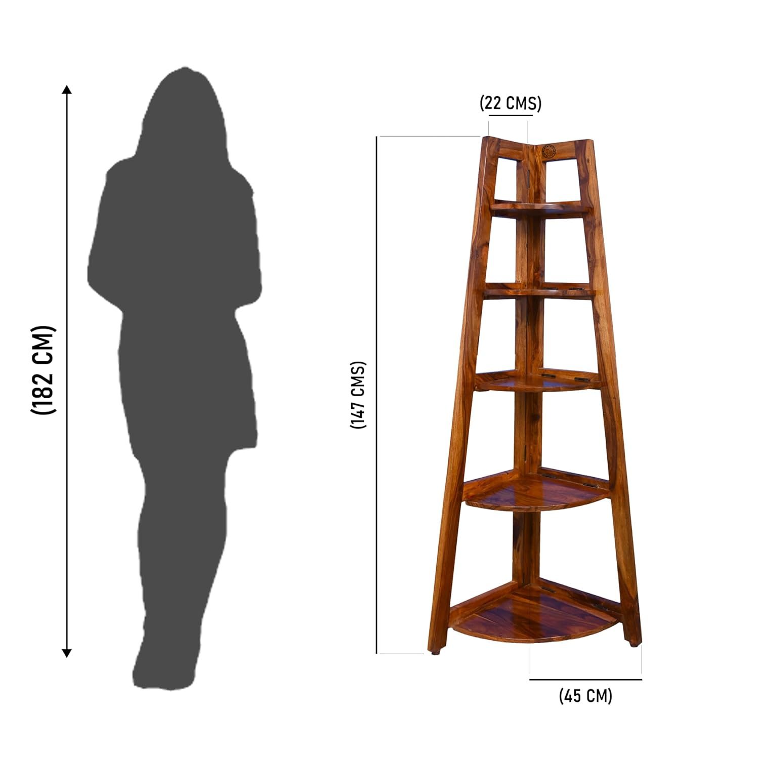 SHRI MINTU’S ART Wooden Corner Bookshelf for Living Room | Bookshelf 5 Tier Ladder Book Cabinet Corner Shelf, Bookshelf for Home Decor | Solid Wood Sheesham, Brown