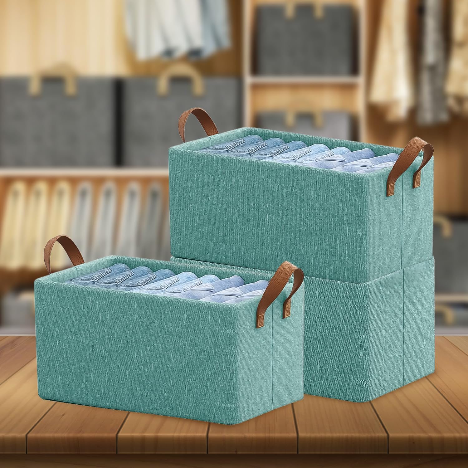 SITTELLA Polystyrene 3 Piece Foldable Wardrobe Cloth Organizer With Durable Handles,Space Saving Stuff Storage Box Closet Drawer Organizers For Clothes,Toys,Books,Blanket Etc.(Green),47 X 27 X 20 Cm