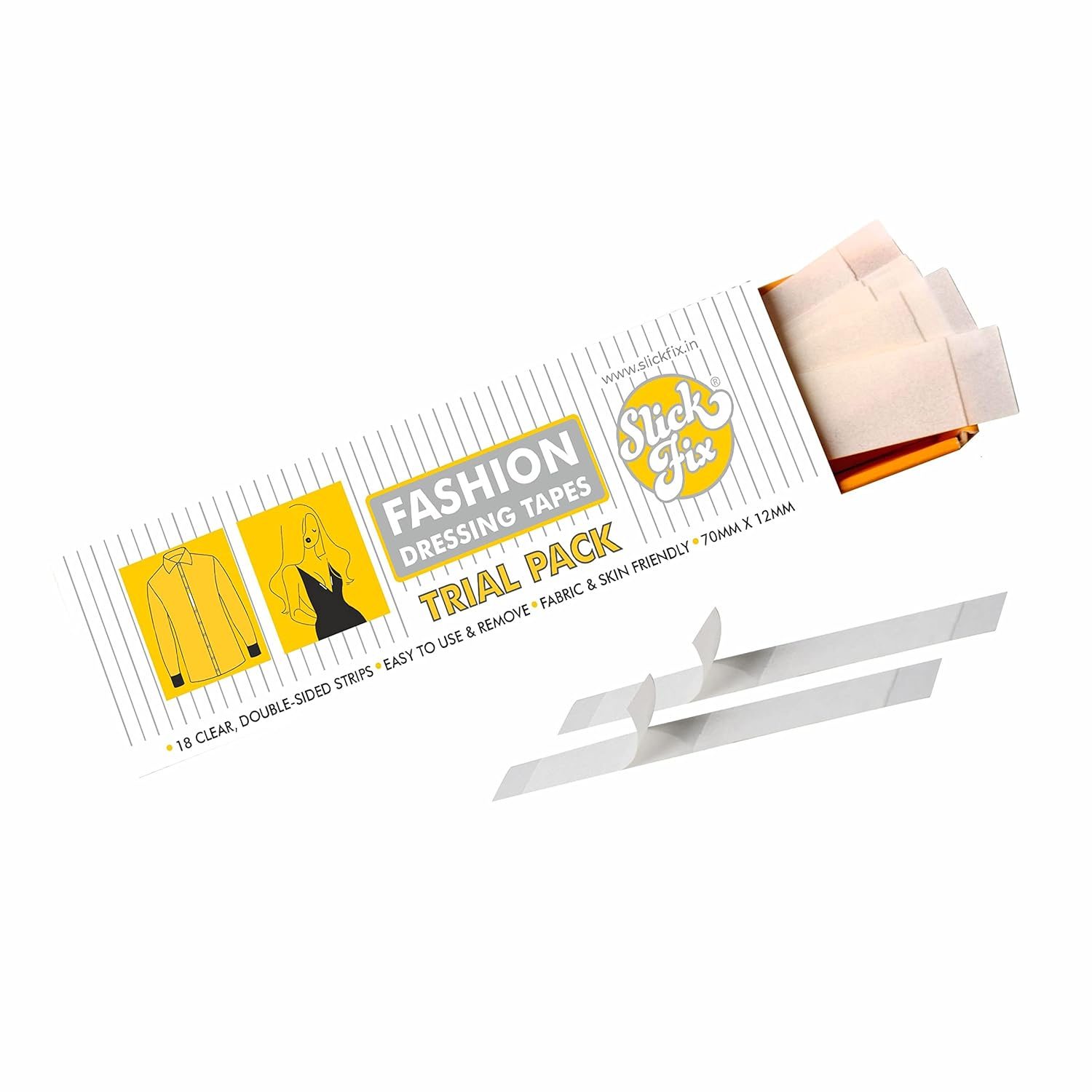 SLICKFIX Fashion Dressing Tape Trial Pack (Pack of 18) Invisible Double-sided Body Tape (Fabric and Skin Friendly) Strong Adhesive for all day use | Transparent