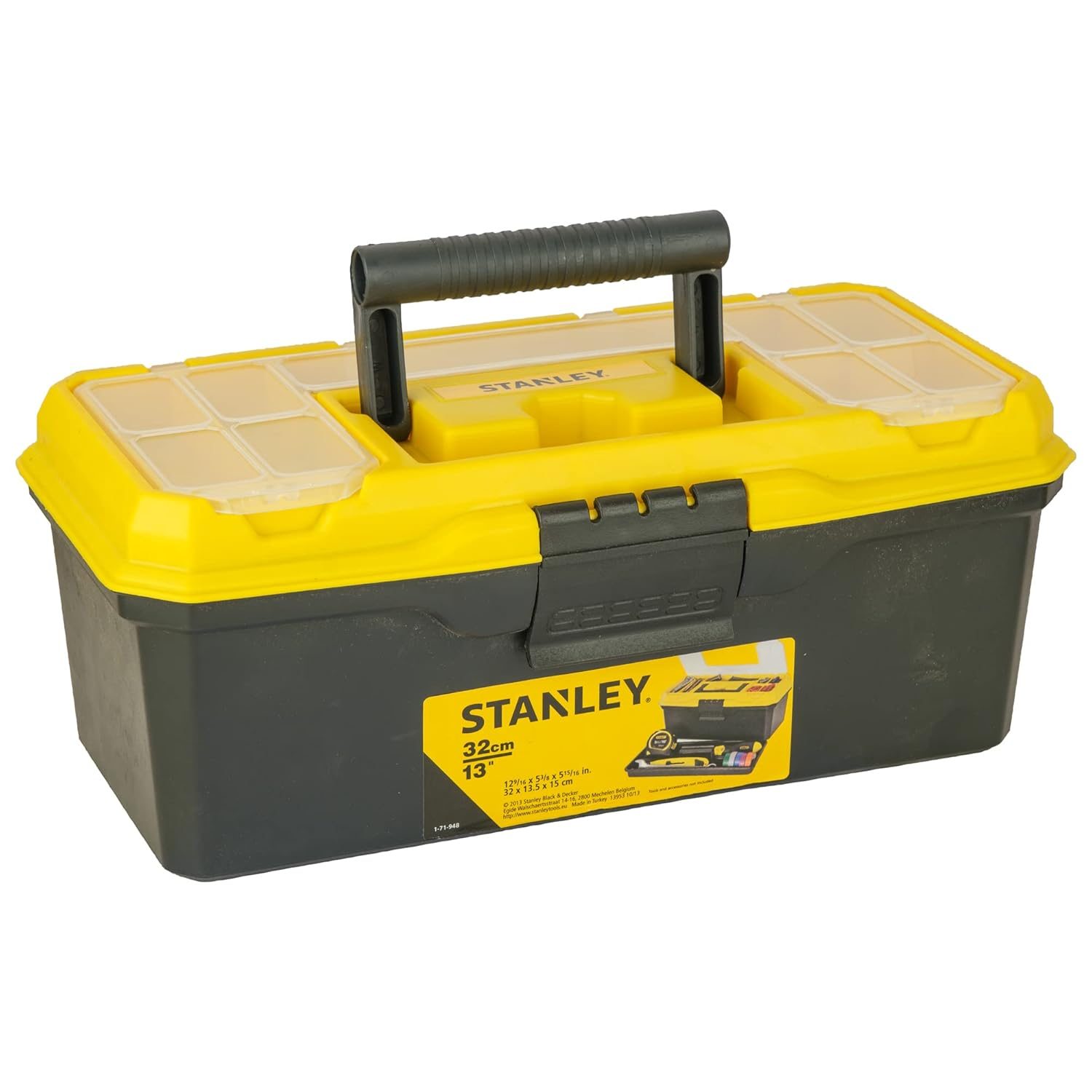 STANLEY 1-71-948 13” Organized Maestro Heavy-Duty Portable Plastic Essential Toolbox With Clear Top Lid & Removable Tray Compartment For Easy & Convenient Storage,1 Year Warranty,YELLOW,32×13.5×15 cm