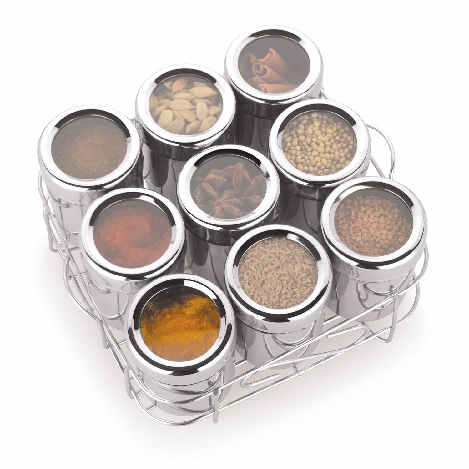 STEEPLE Squre Plus Stainless Steel Masala Box | Spice Box with See-Through Lid | Masala Dani for Kitchen | 9 Containers for Organized Spice Storage, 190ml Each Container, Silver