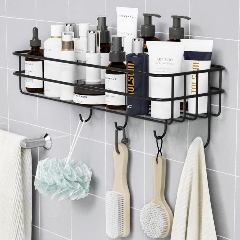 SaleOn Wall Shelf for Bathroom with 4 Hooks  Self Adhesive Wall Storage Organizer, Wall Mount Bathroom Shelf, Metal Rack for Bathroom Shampoo Holder Storage Rack