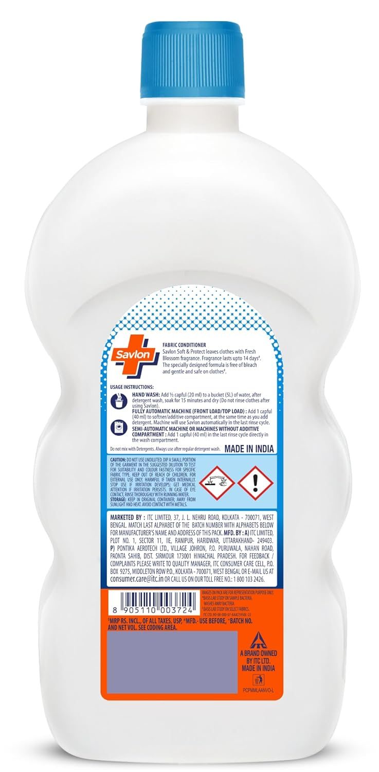 Savlon Laundry Disinfectant & Refreshing Liquid, After Detergent Wash, Fresh Blossom, Fresh Fragrance Lasts Upto 72 hrs, Gentle & Safe on Clothes, No Bleach, Kills Odour Causing Bacteria, 1000ml