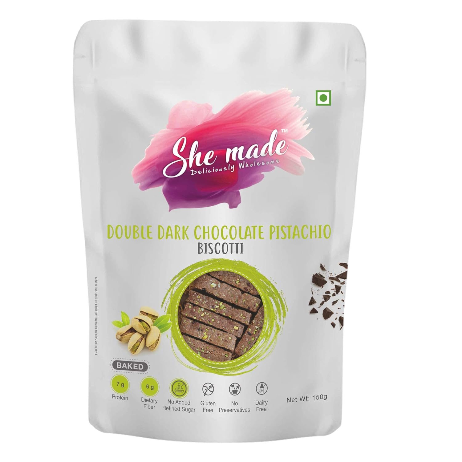 She Made Foods Biscotti Cookies – Double Dark Chocolate and Pistachio Flavour, Fibre Dense & Gluten-Free Biscuit, Baked, Crunchy & Tasty Gourmet Snacks, Light & Healthy Nibbles (150 grams)