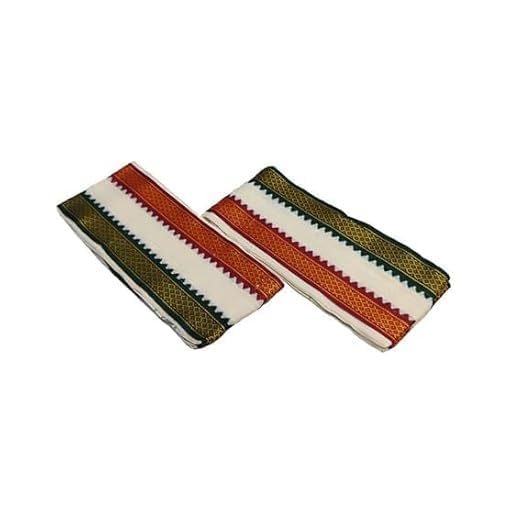 Shri Bhargavas Traders | Cotton Angavastram with Red & Green Border | Handloom Weaved Angavasthram | Pack of 2