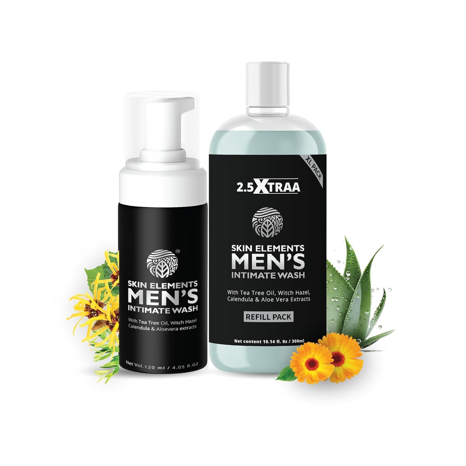 Skin Elements Men’s Intimate Wash JUMBO Pack | with Refill | For 180 Days | 420 ml | pH Balanced Hygiene Foaming Wash | Prevents Bad Odor and Irritation| with Tea Tree Oil | Super Saver Pack |