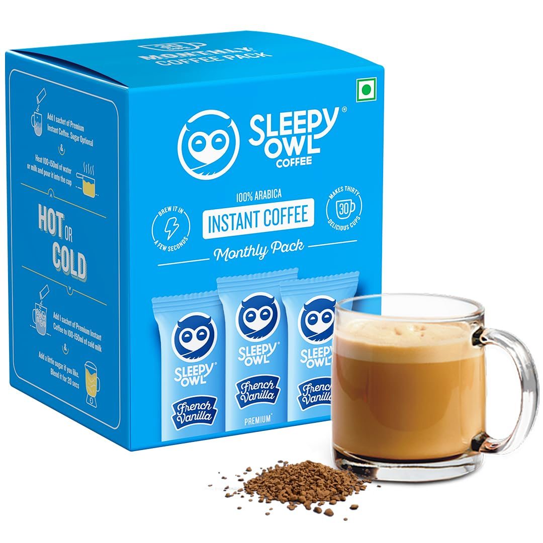 Sleepy Owl French Vanilla Flavour 100% Arabica Coffee Sachets | 60g – Pack of 30 x 2g Instant Coffee Powder Sachets | Travel Friendly