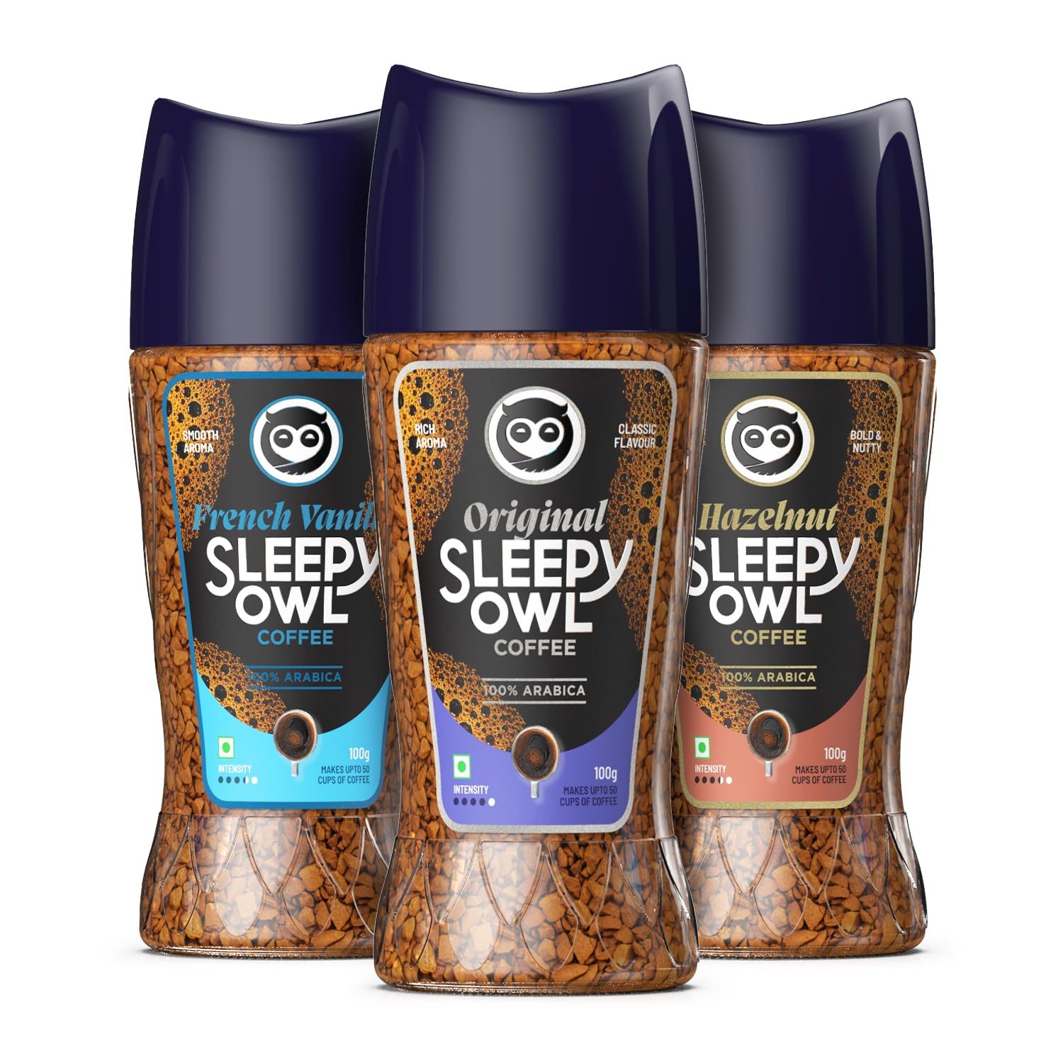 Sleepy Owl Instant Coffee Powder Pack of 3 | Premium Combo – Original, Hazelnut, French Vanilla | 100% Arabica Beans | Delicious Assorted Flavours | Ready in Seconds | Makes 150 cups | 100gm Each