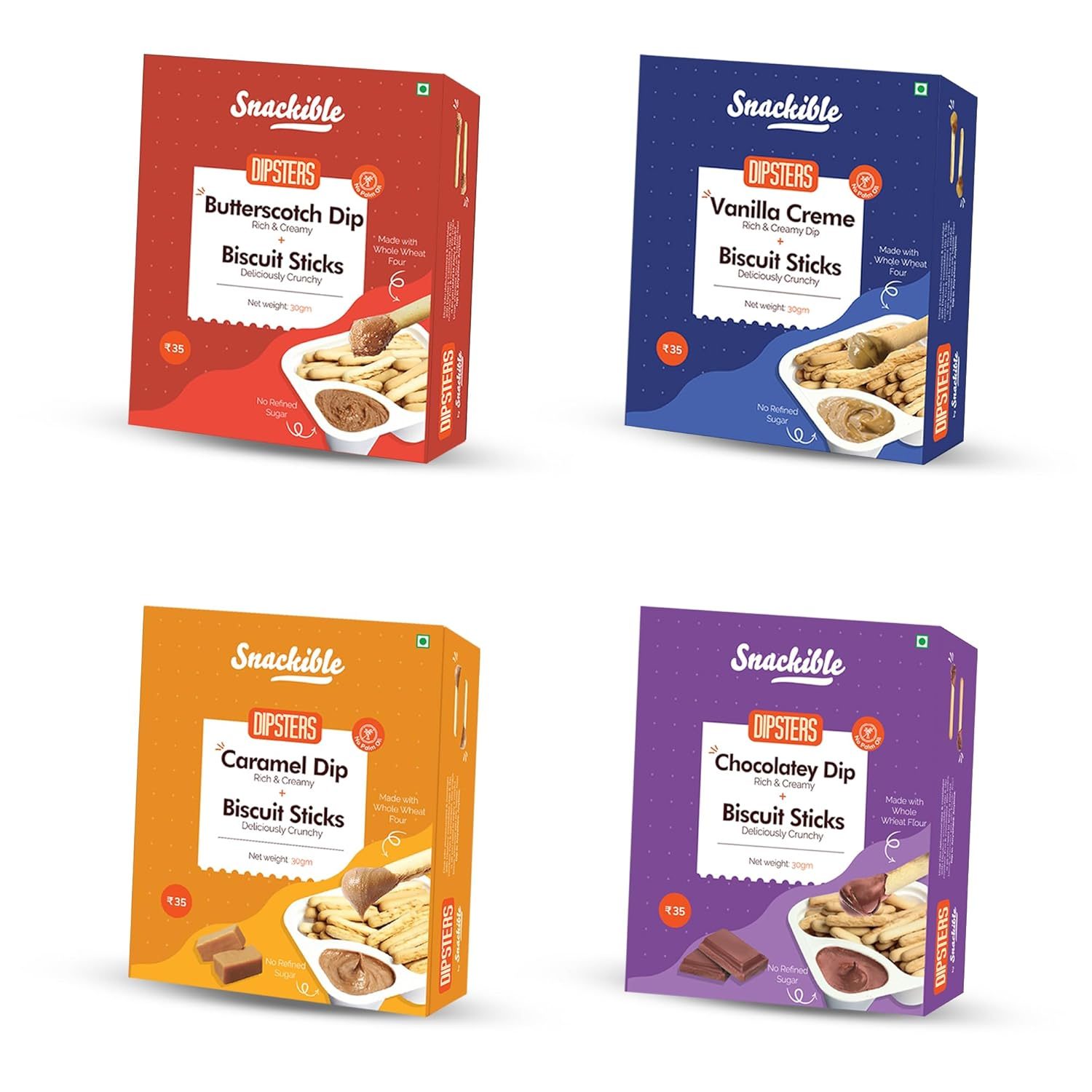 Snackible Assorted Mini Dipsters – (Pack of 12)| 4 Unique Flavours | Chocolatey, Butterscotch, Caramel, Vanilla Crème | No Palm Oil | No Refined Sugar | Sweetened with Jaggery | Baked | Healthy Snack | Chip and Dip Combo | Made with Whole Wheat | Travel Friendly