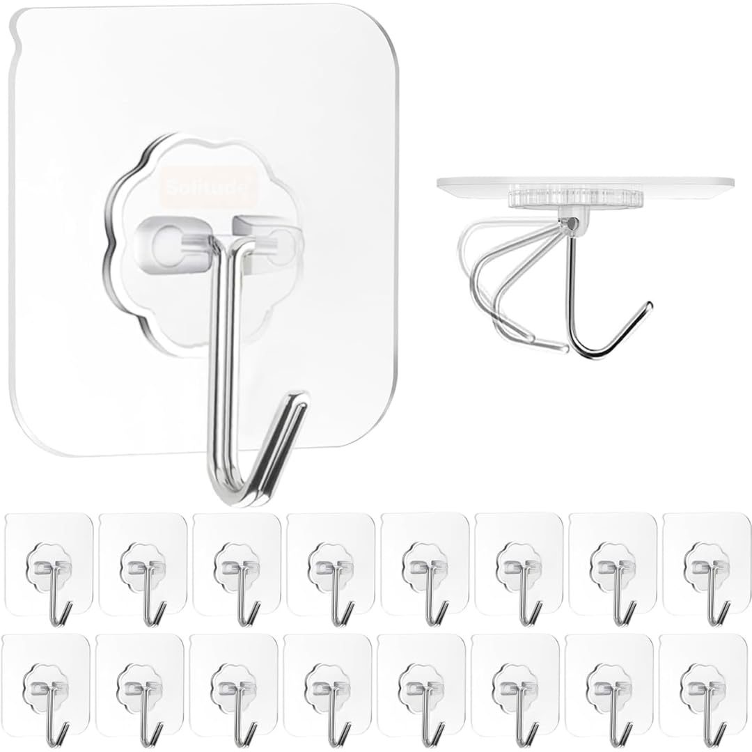 Solitude 20 Pcs PVC Heavy Duty Self Adhesive Stainless Hooks, Transparent Waterproof and Oilproof Wall Hooks for Kitchen Bathroom Shower Door Outdoor Home Improvement Utility Hook