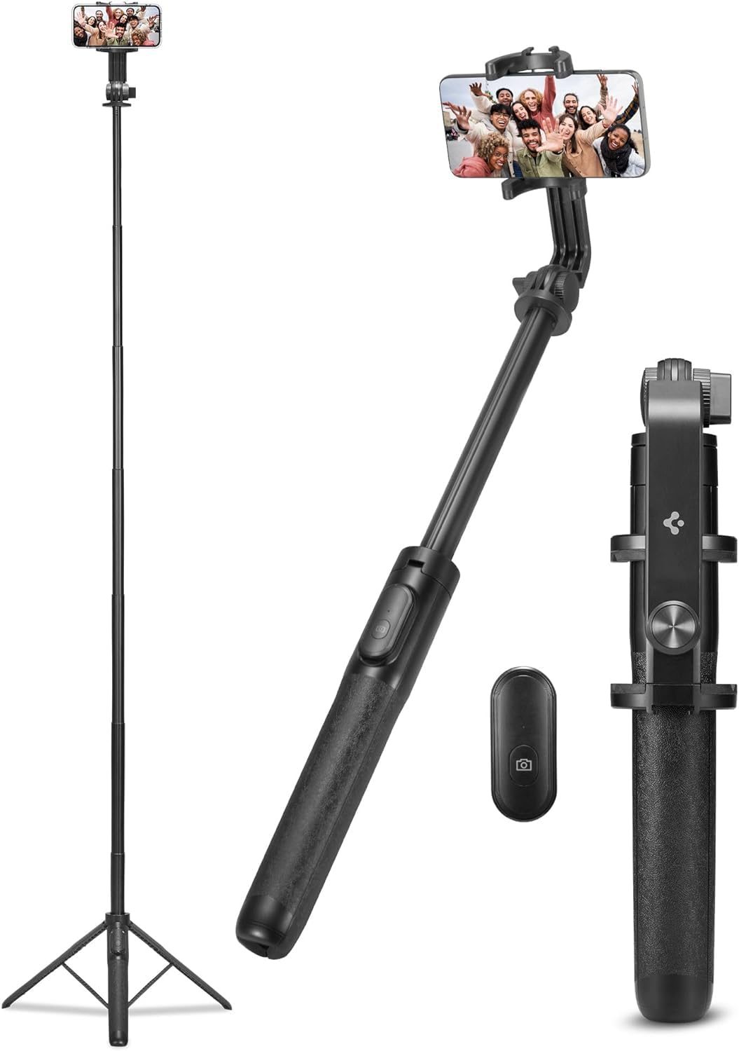 Spigen S560 Selfie Stick Tripod, [64inch(1.6m) Extra Long] [Reinforced Tripod Stand] with Wireless Blutooth Remote, All-in-One Phone Tripod for iPhone, Samsung Android, Camera, GoPro and More – Black