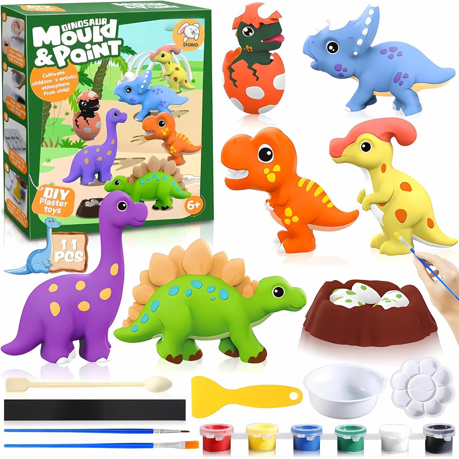Storio Toys DIY Mould & Paint Craft Kit – Dinosaurs,Kids for 5 Years,Plaster Figurine Set with Pigments, Palette & Mold, Painting Art & Craft Set -Gift Toys for 3-8 Year Old Boys & Girls, Multicolour