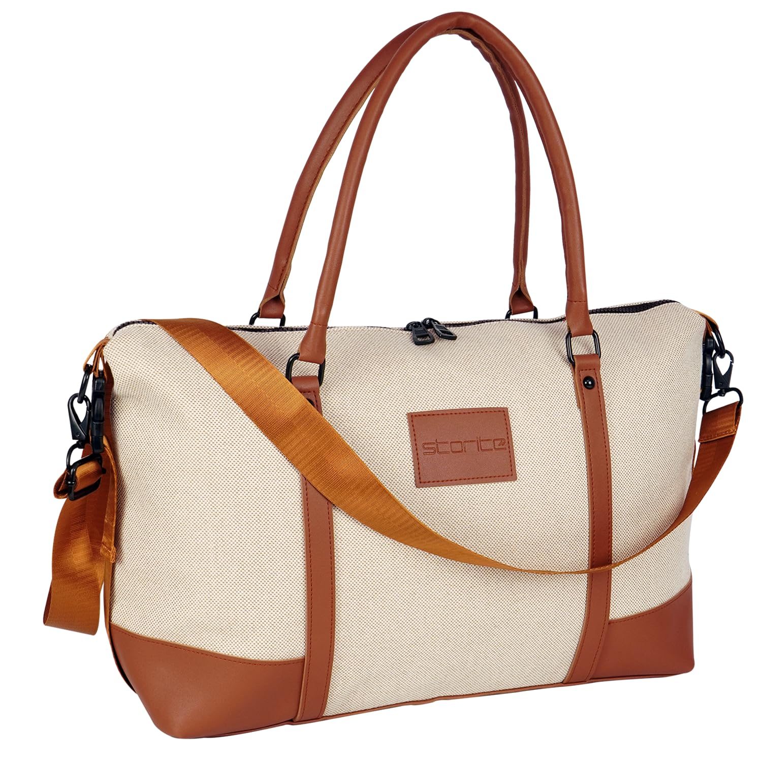 Storite Canvas 43 Cm Travel Duffle Bag for Women with Luggage Trolly Sleeve, Lightweight Waterproof Luggage Bag Women Shoulder Bag (Brown, 43 x 14 x 33 Cm)