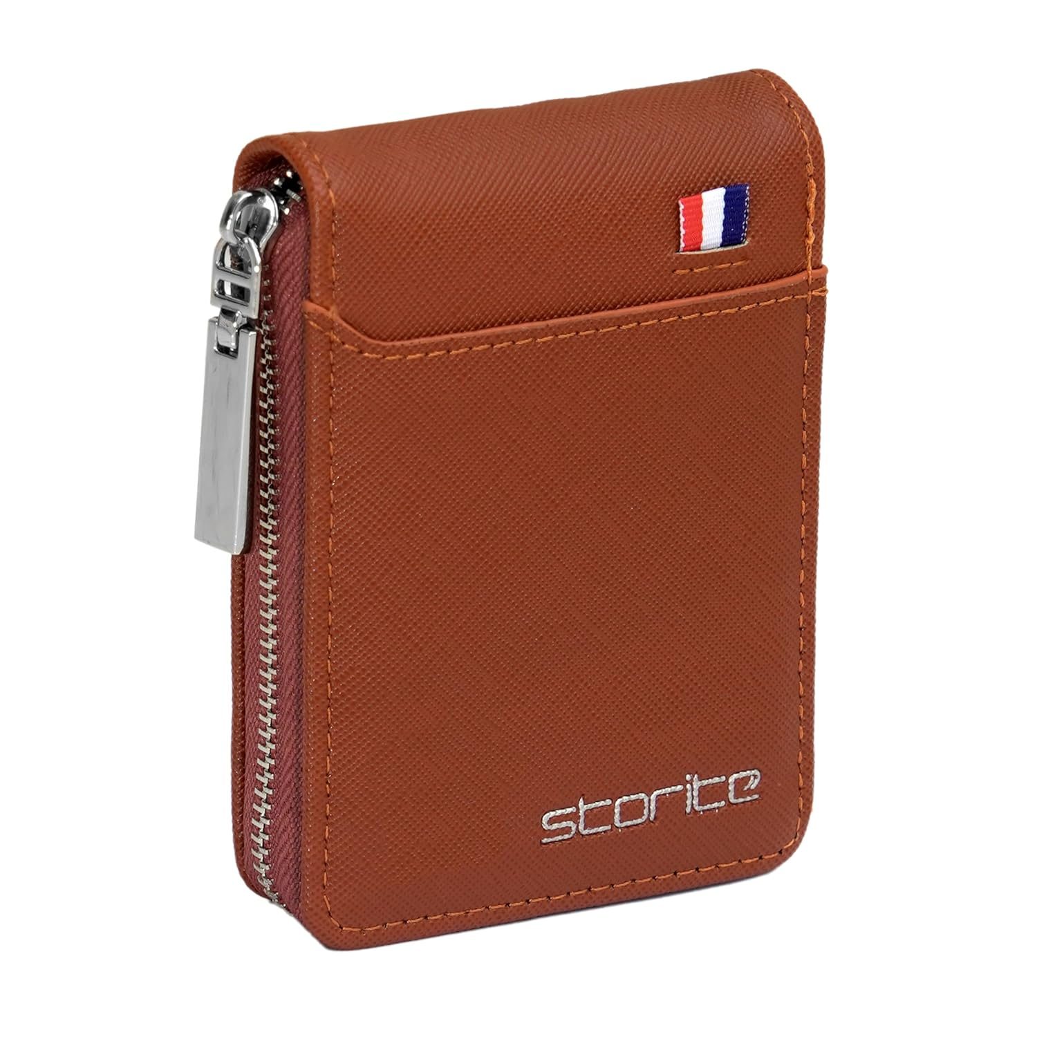 Storite PU Leather 9 Slot Vertical Credit Debit Card Holder Money Wallet Zipper Coin Purse for Men Women – Lightbrown (11.5 x 1.75 x 8 cm)