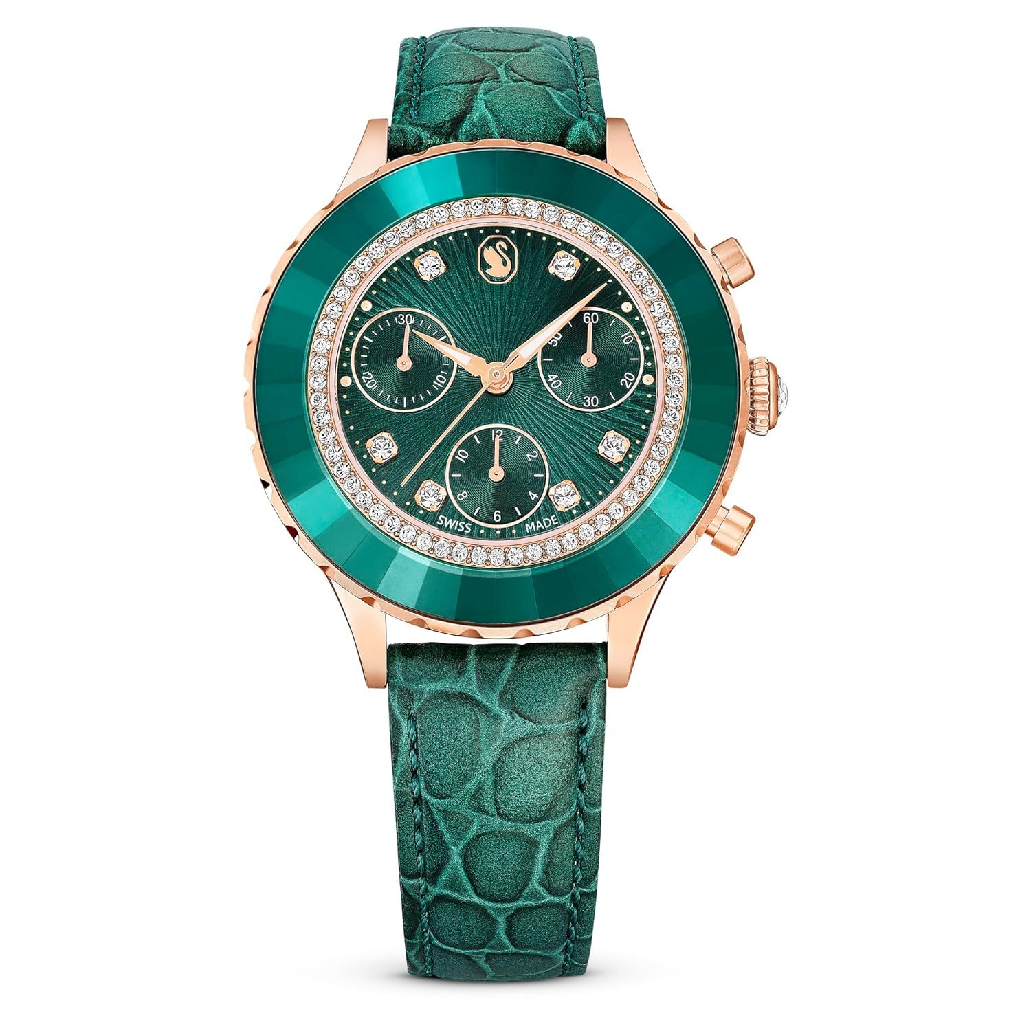 Swarovski Leather Analog Rose Gold Dial Women’s Watch-5672931, Band Color-Green