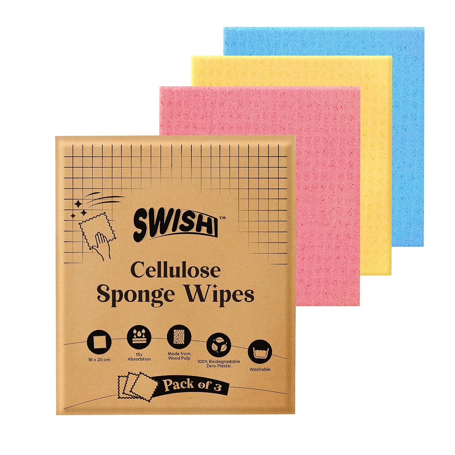 Swish Multi-Purpose Sponge Wipes (Pack of 3) | Reusable Kitchen Cleaning Sponge – 10x Absorbent | Multipupose Washable Sponge Wipes for Dry & Wet Use | Natural Cellulose Sponge Wipes for Kitchen