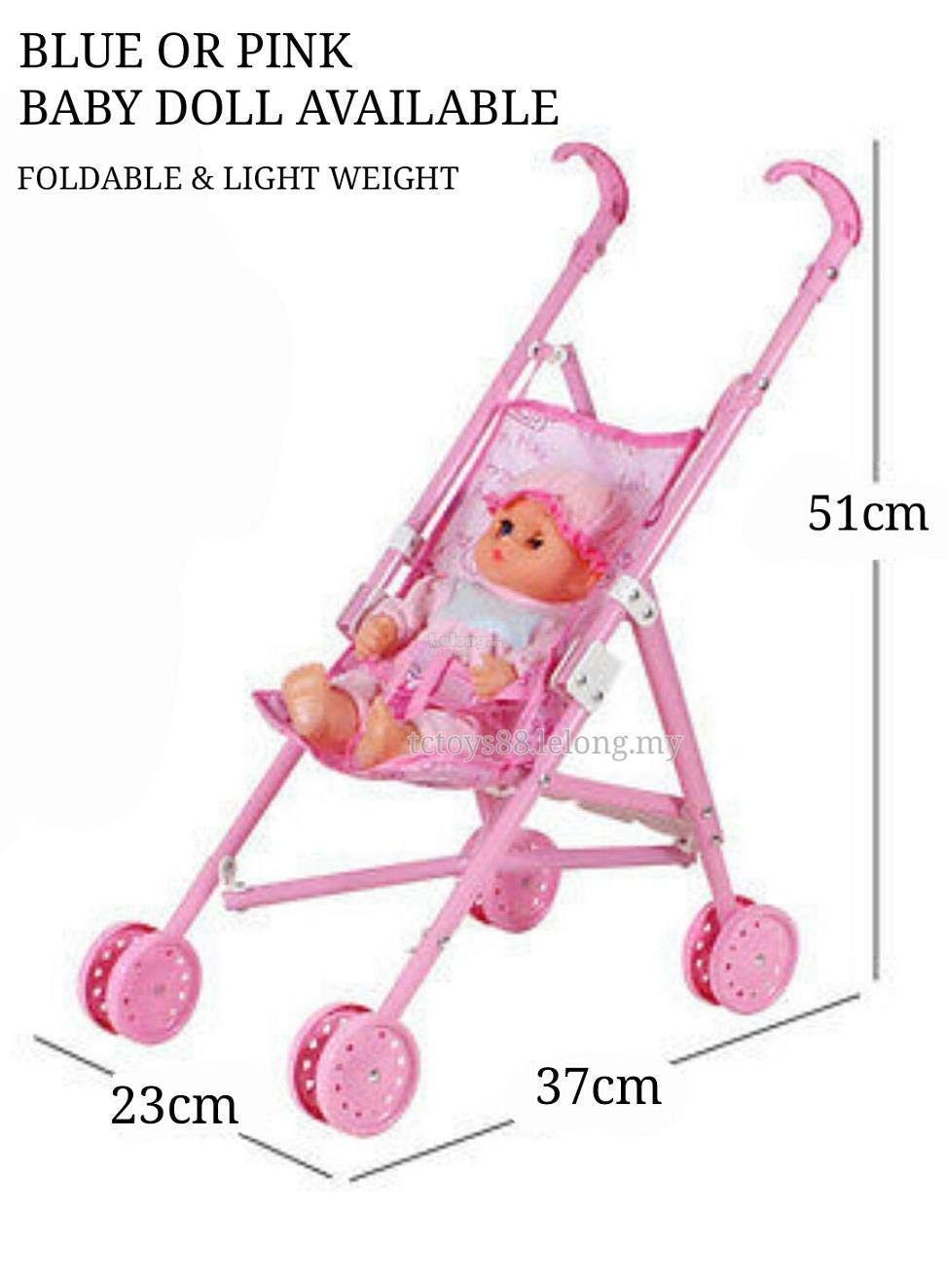 TOY10TOP Kids Stroller Baby Doll Toy with Real Moving StrollerToys Kids Baby Stroller with 2 Dolls Easily Foldable Baby Pram Trolley for Girls 55 cm Pink (2 Dolls with Pink Stroller)