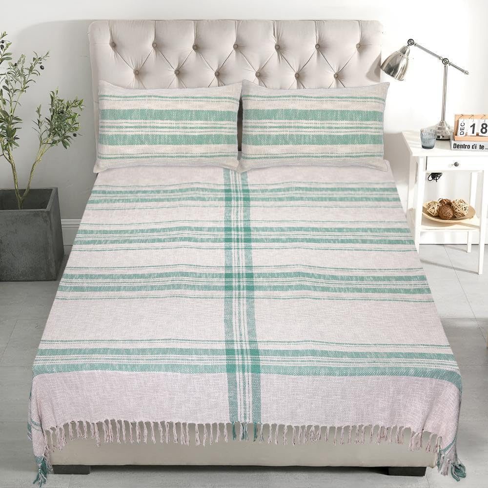 TRISHIV Textiles Handloom-Based Handmade Bedcover – Cotton Bedding for King Size Bed – Natural/Green, 100×106 Inch