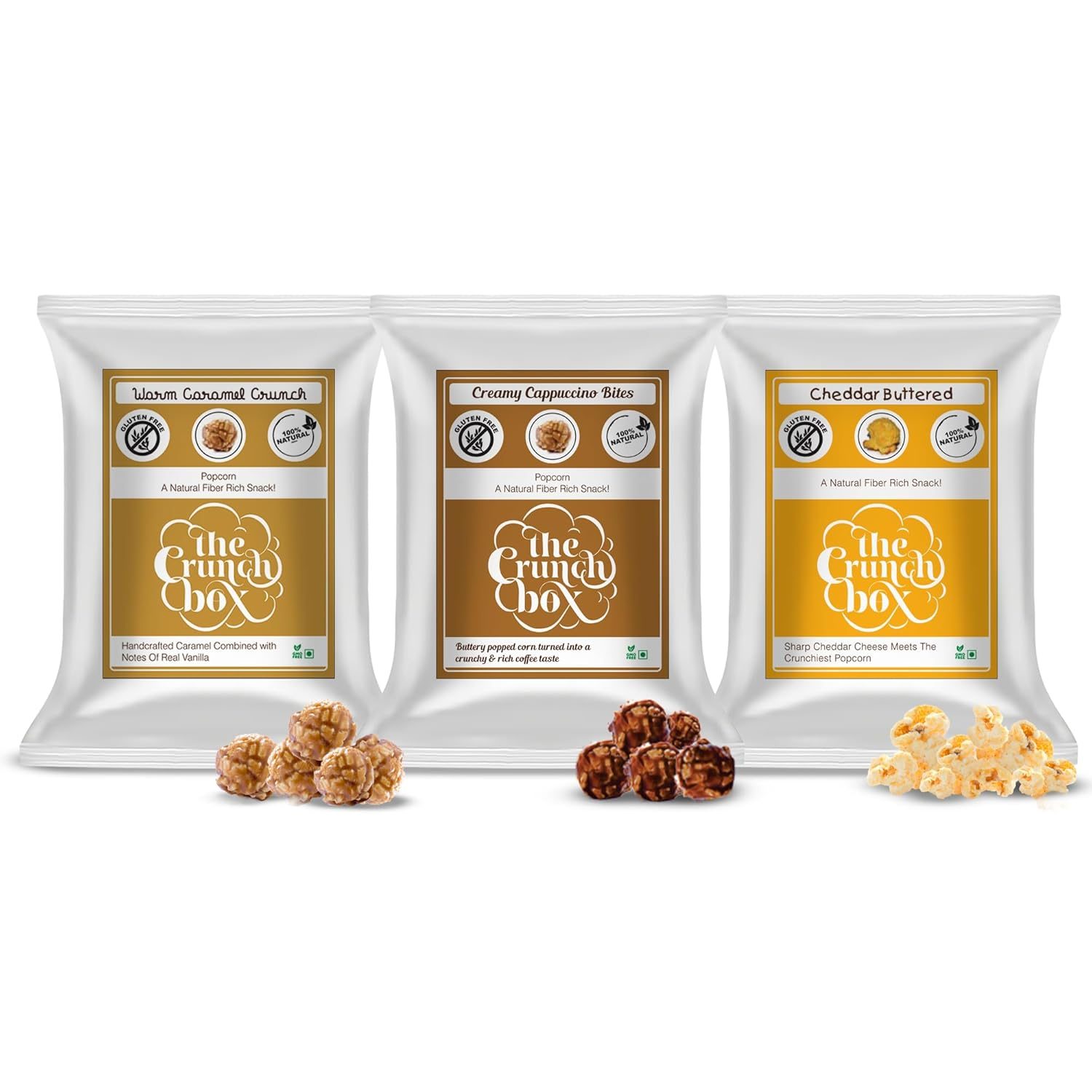 The Crunch Box Presents New Flavour, New Packaging | Combo Pack of 3 Cs | Caramel; Cappuccino; Cheddar Butter Cheese | 560gms | Gourmet Popcorn | Healthy Popcorn for All Occassions