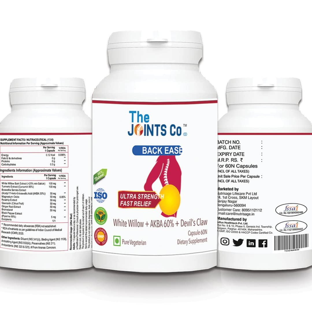 The Joints Co Back Ease, Advanced Back Pain Herbal formula-All Disc,Verterbra or Spine problems- 60 Veg Cap-1 mth dose